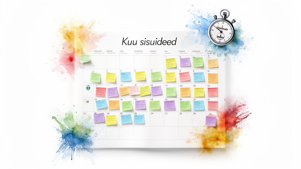 Kalender värviliste kleepmärkmetega, mis näitavad igakuist sisukava, koos vesivärvipritsmete ja stopperiga.