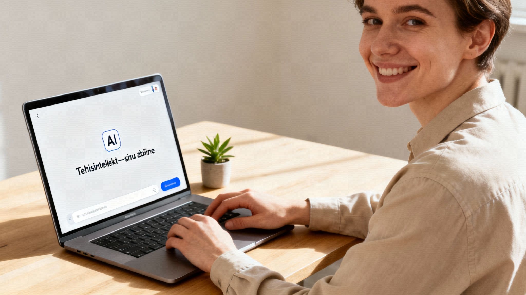Rõõmsameelne naine töötab sülearvutiga, mille ekraanil on AI logo ja kiri "Tehisintellekt – sinu abiline".