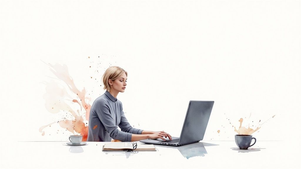 Naine istub laua taga, trükkides sülearvutil, kohvitasside ja akvarellipritsmetega valgel taustal.