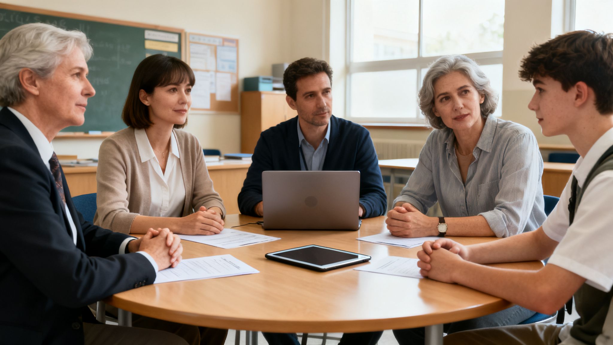 koolilaua ümber arutamas õpetajad ja õpilane