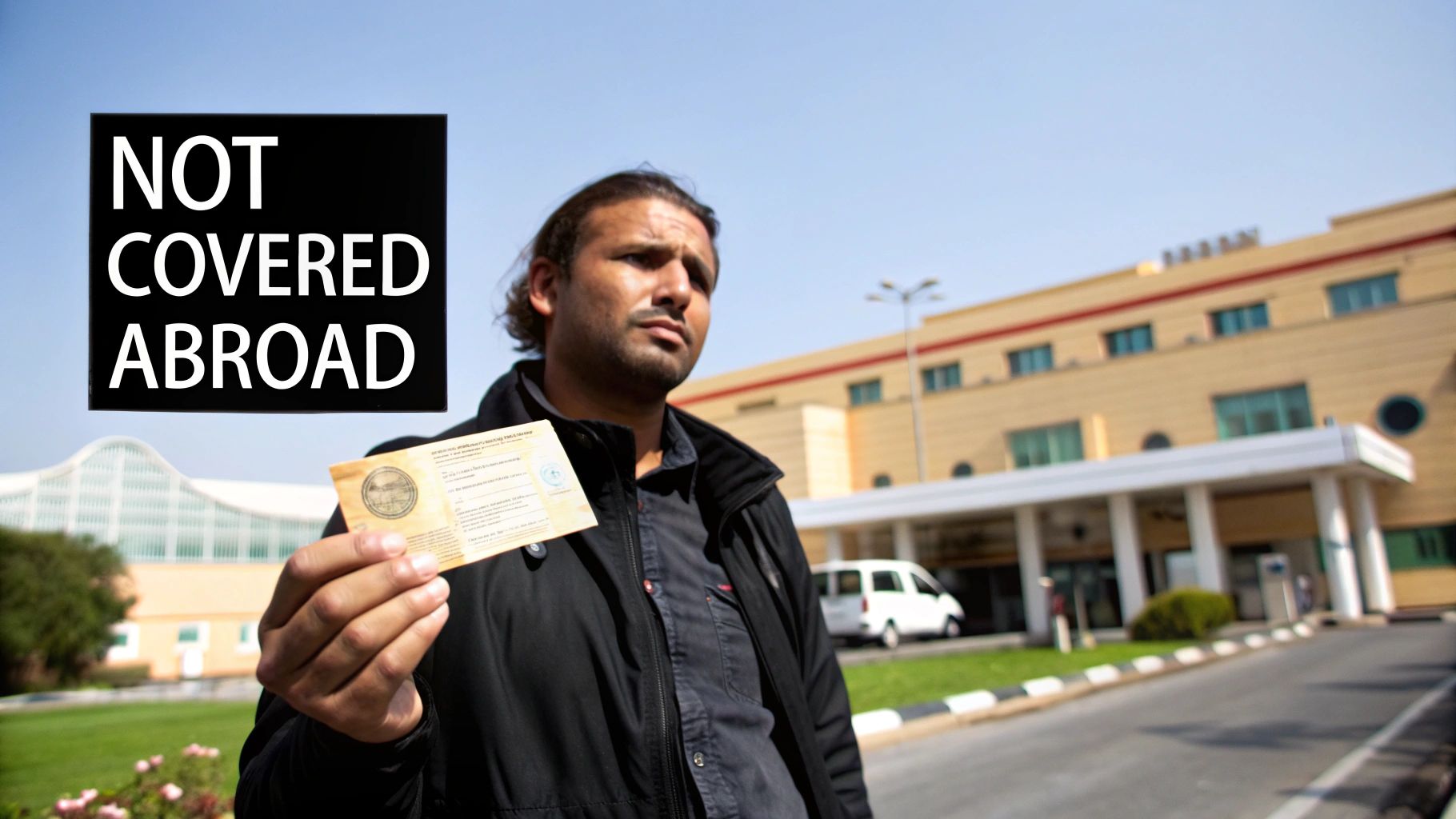 A man holds a document with "NOT COVERED ABROAD" text, standing outside a large building.