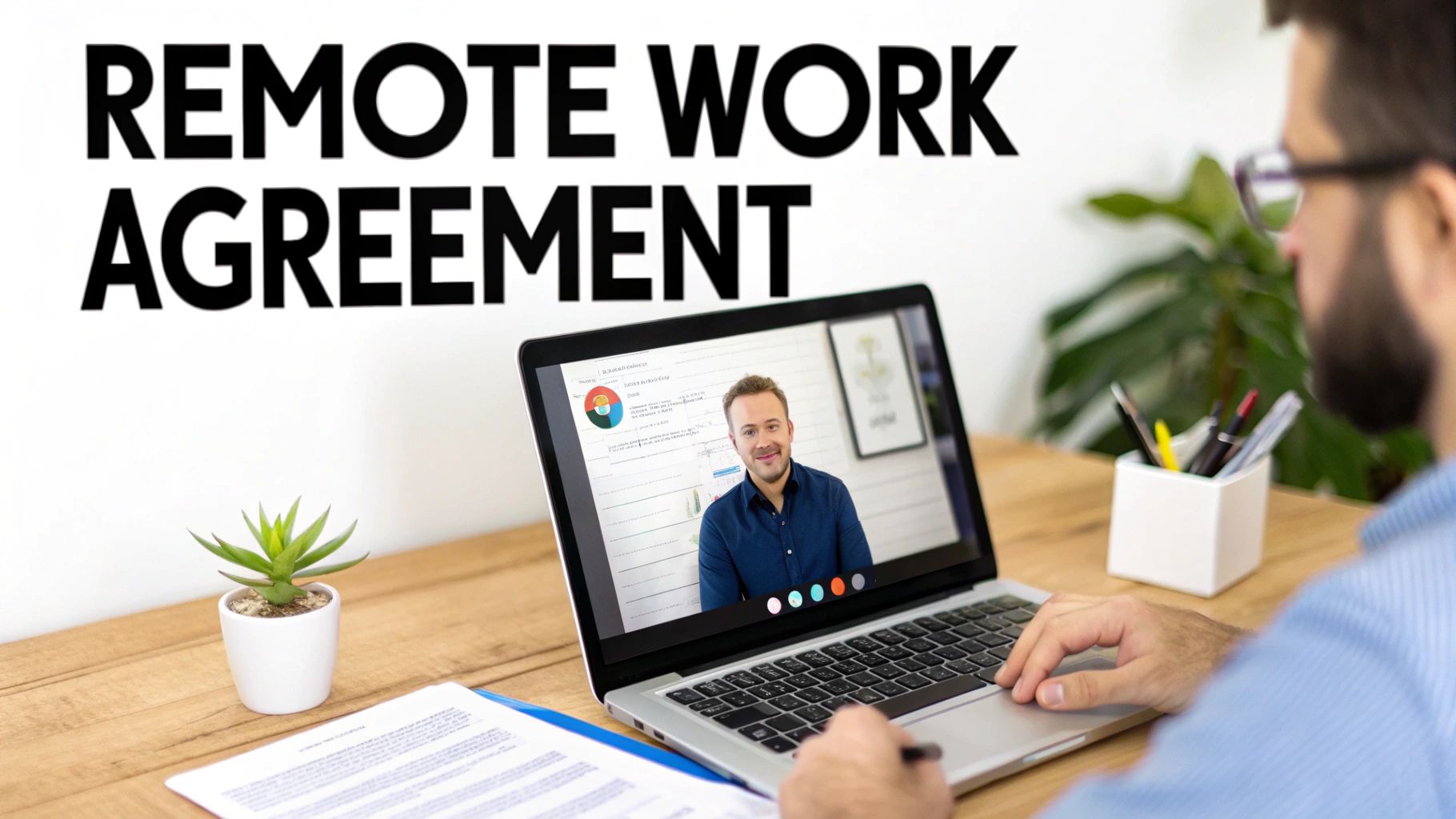 A person on a video call on a laptop, with "REMOTE WORK AGREEMENT" text on the wall.