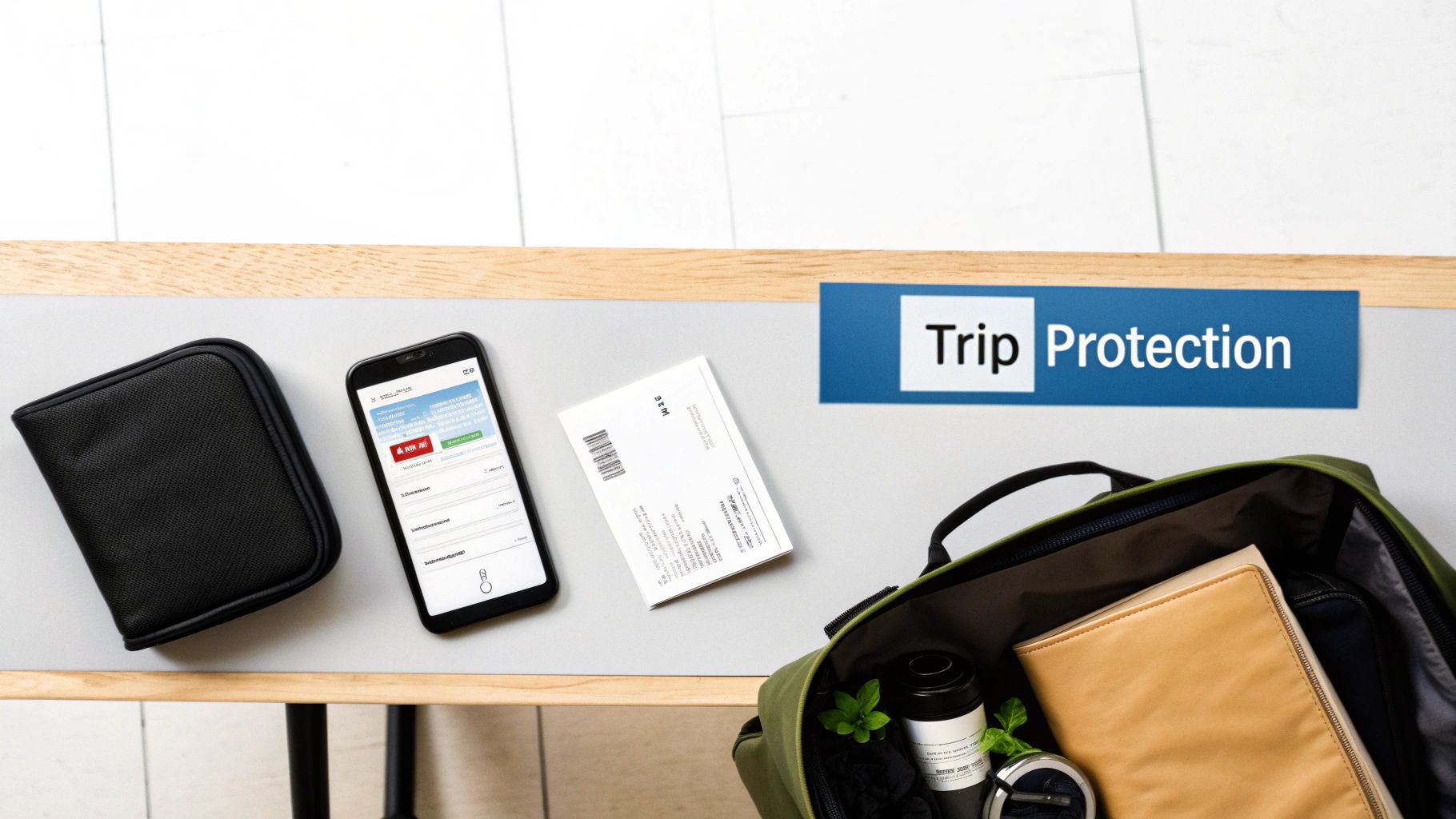 Flat lay of travel essentials, including a smartphone, ticket, wallet, and bag, next to a 'Trip Protection' sign.