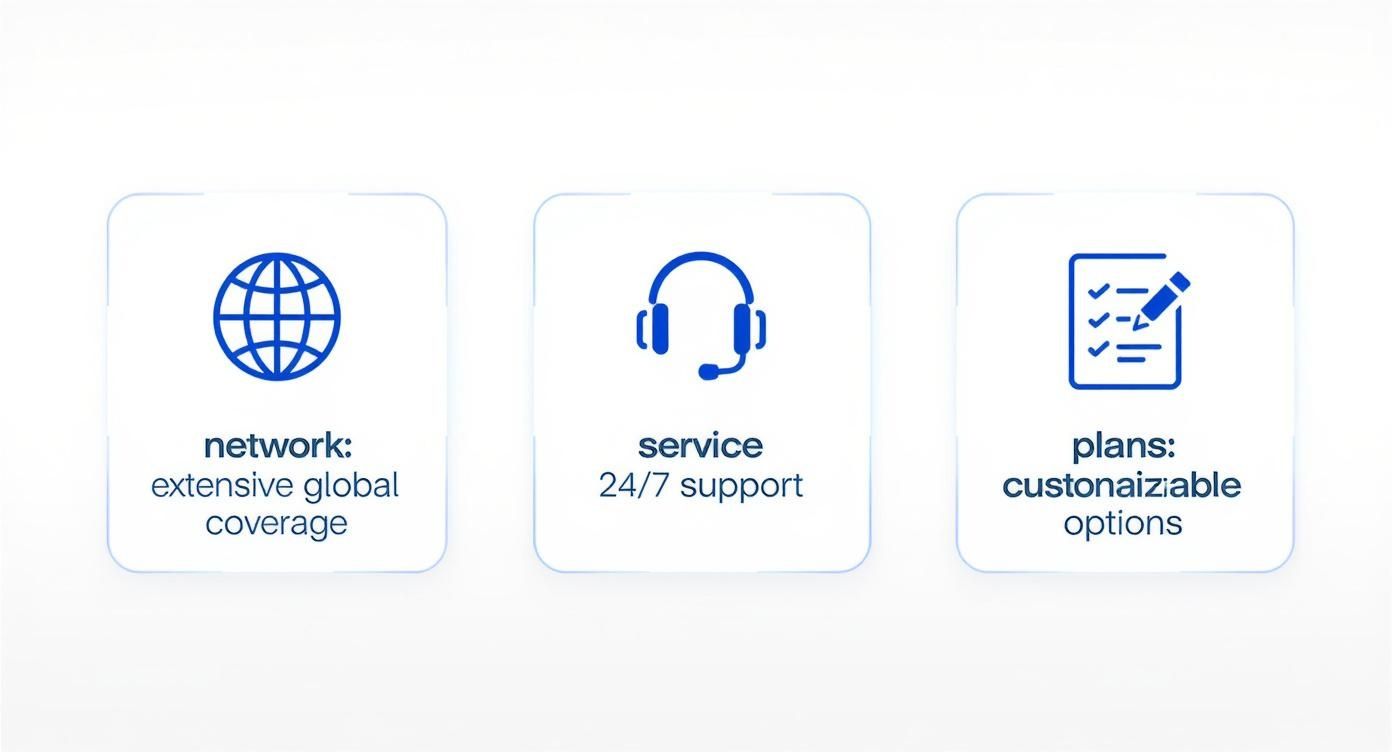 Icons illustrating extensive global network coverage, 24/7 support, and customizable plan options.