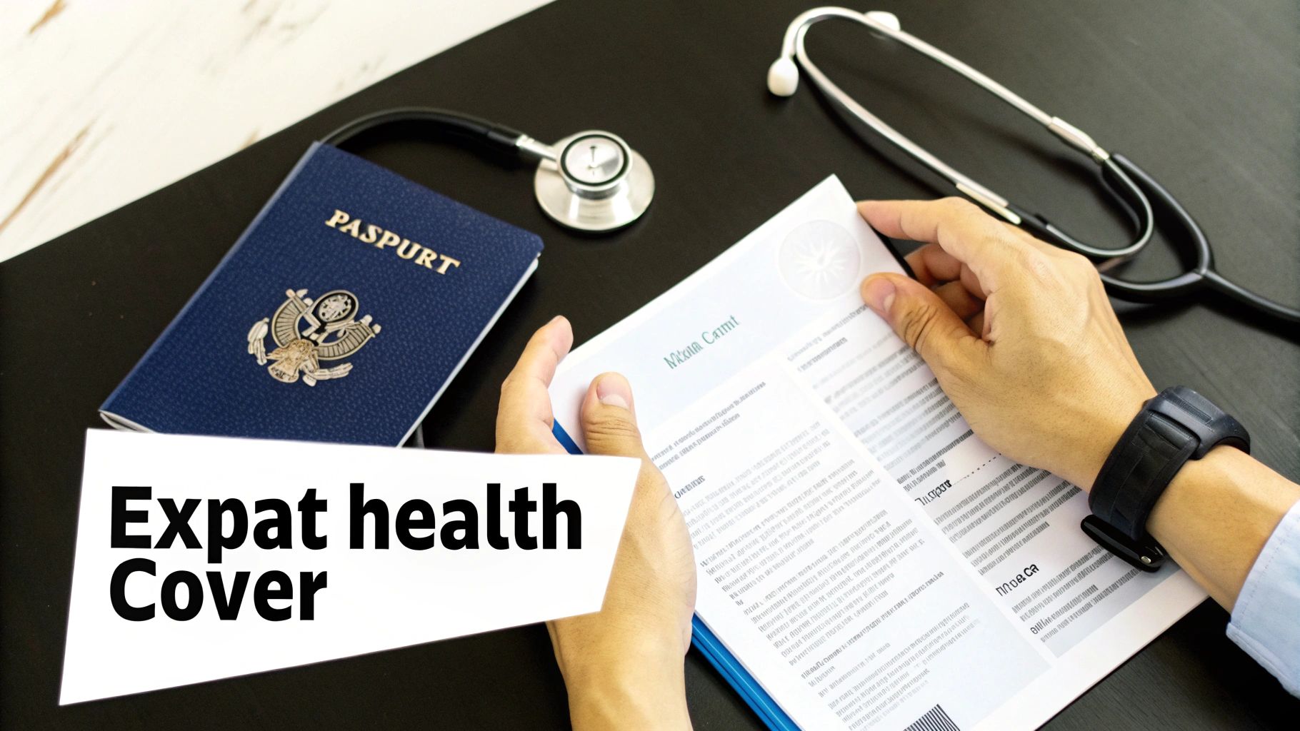 Hands reviewing an expat health cover document next to a passport and stethoscope, representing international healthcare.