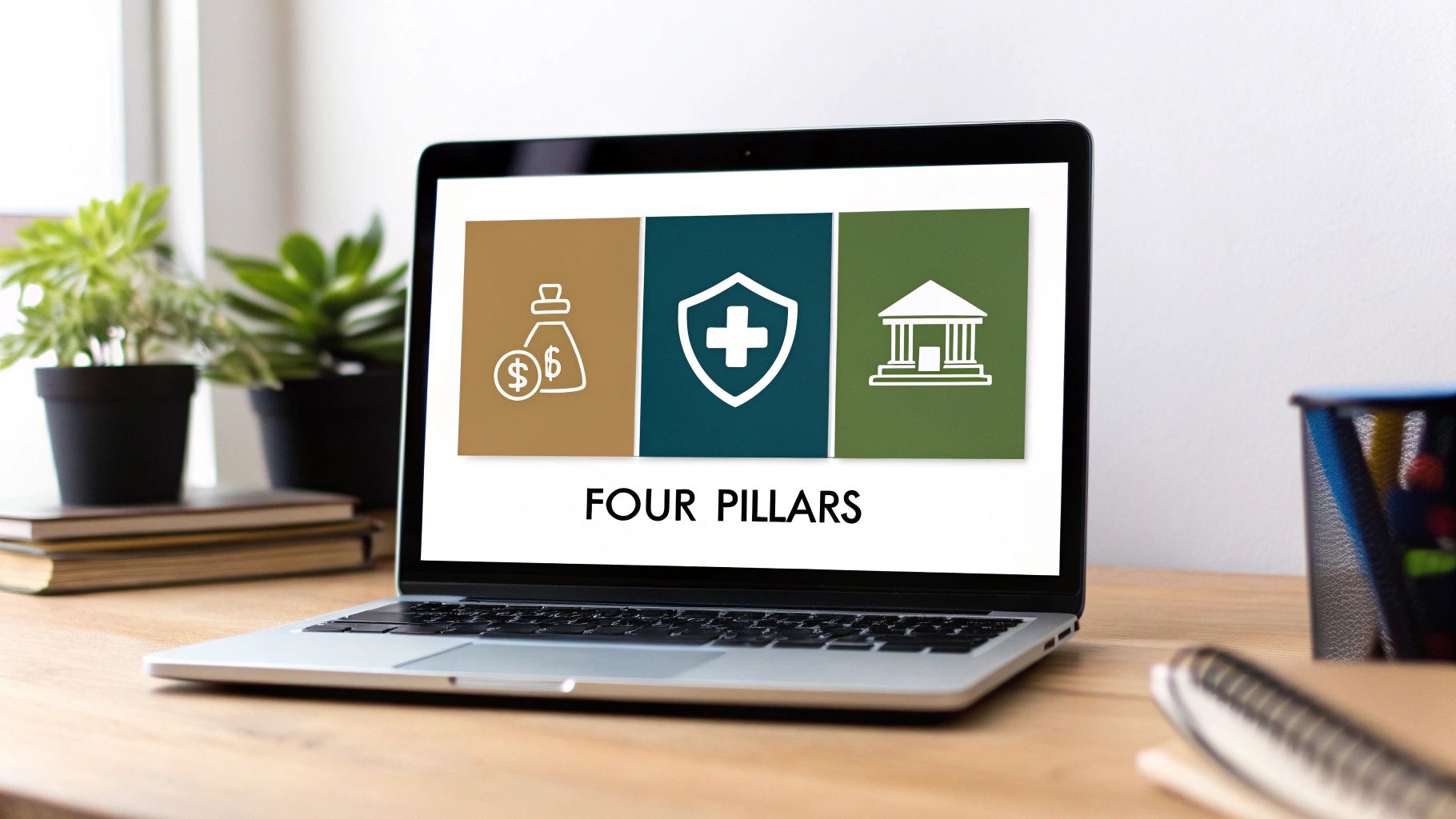 A laptop displays a graphic with three icons representing finance, health, and institutions, labeled "FOUR PILLARS."