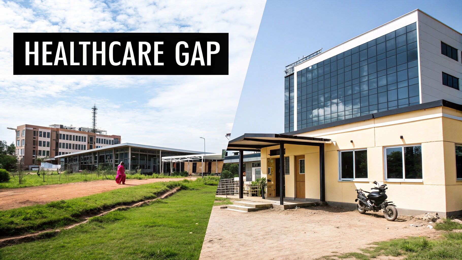 A split image contrasting an undeveloped area with modern healthcare facilities, labeled 'HEALTHCARE GAP'.