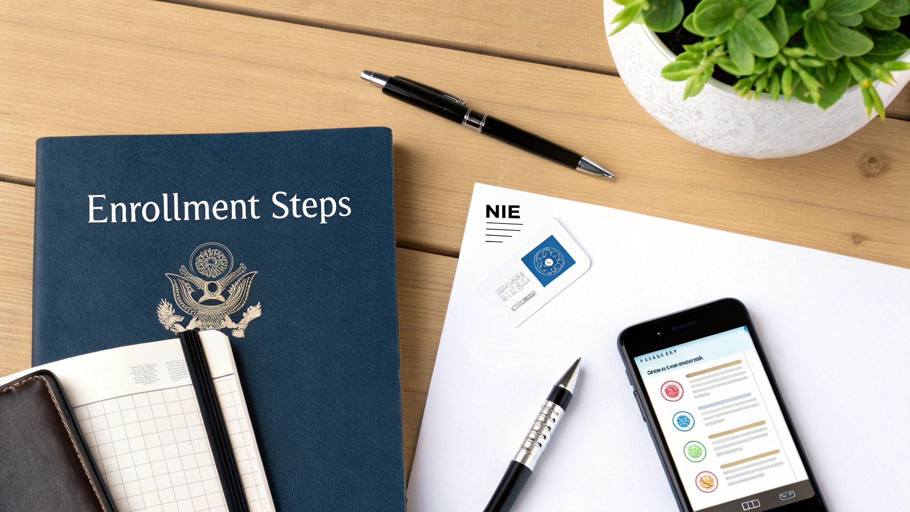Flat lay of enrollment steps book, NIE document, smartphone, and pen on a wooden desk.