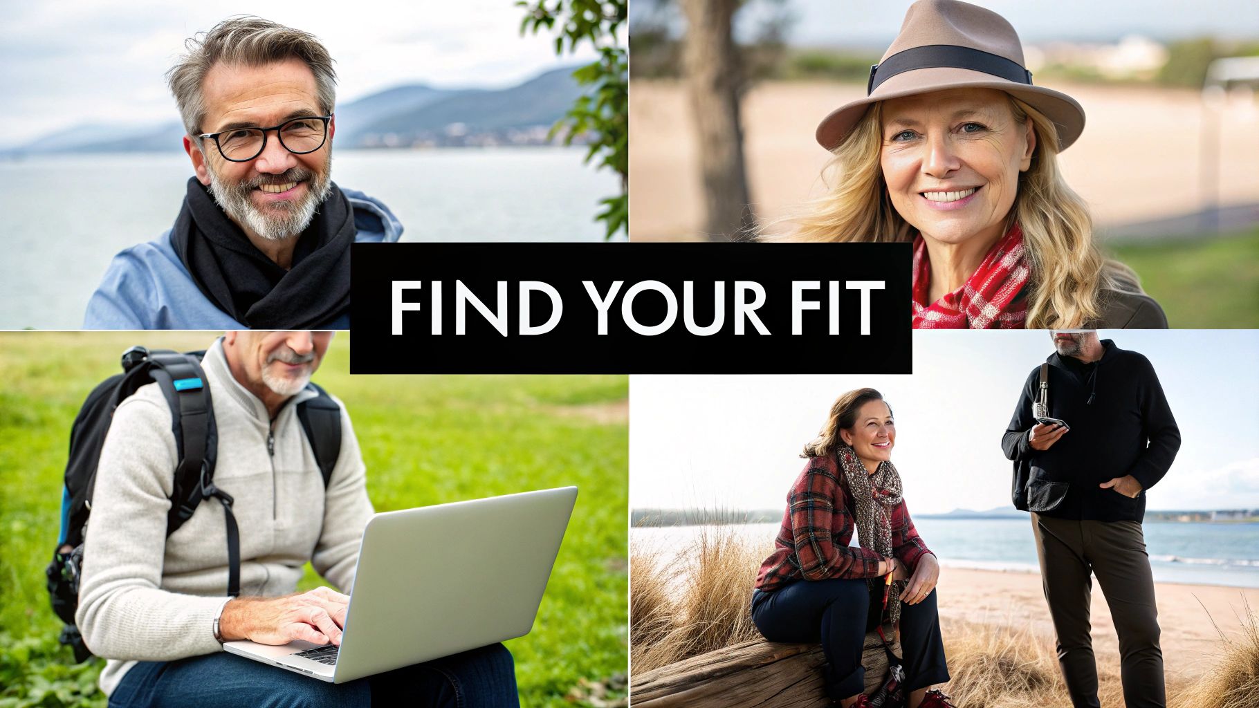 Diverse older adults enjoying various outdoor activities, highlighting an active and fulfilling lifestyle with a 'Find Your Fit' message.