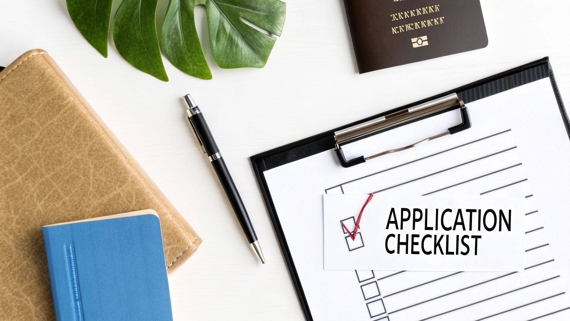Top-down view of an 'APPLICATION CHECKLIST' document on a clipboard, surrounded by office supplies.