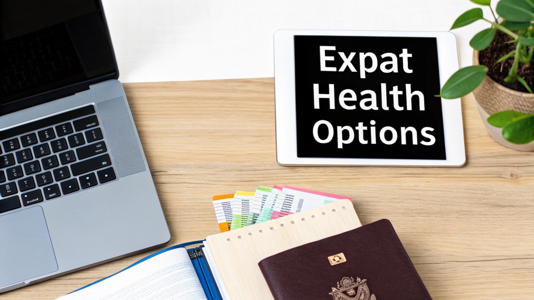 Overhead view of a wooden desk with a laptop, tablet displaying 'Expat Health Options', passport, and various documents for expats.