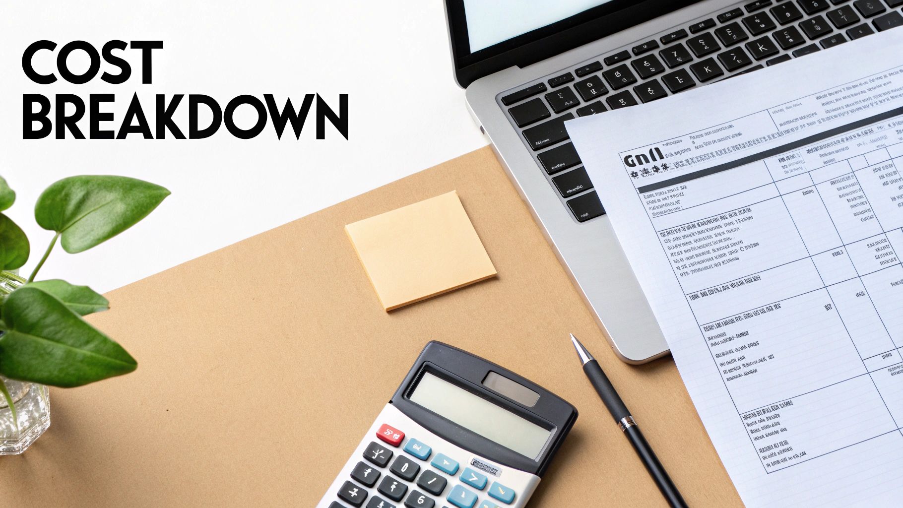 A desk with a laptop, calculator, and financial document showing a 'COST BREAKDOWN' title.