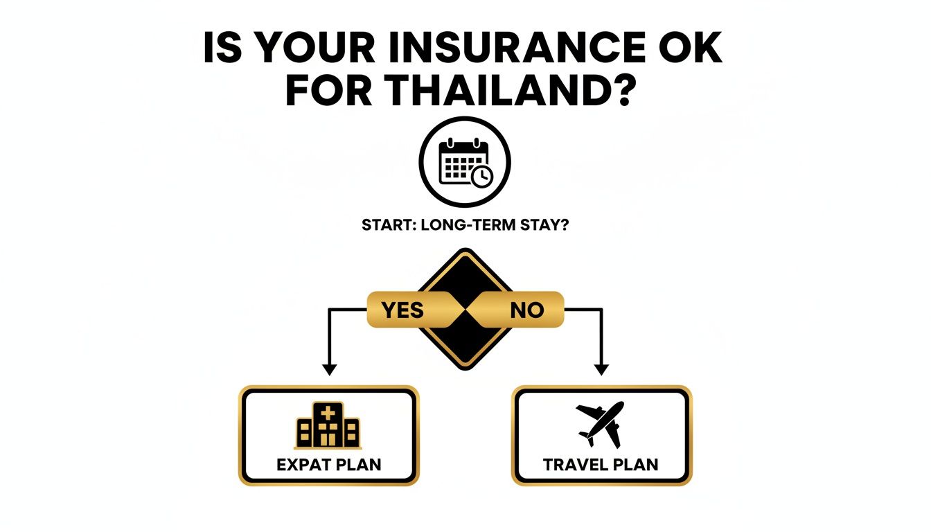 Flowchart about insurance for Thailand, guiding users to expat or travel plans based on long-term stay.