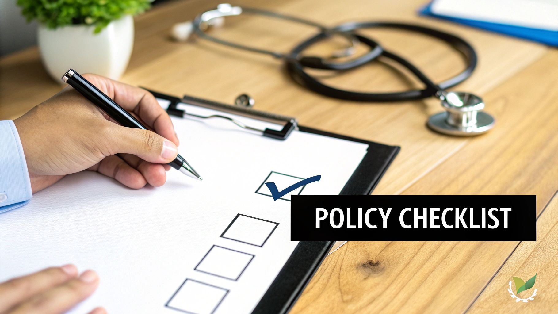 A hand checking off an item on a 'POLICY CHECKLIST' document with a pen, next to a stethoscope.