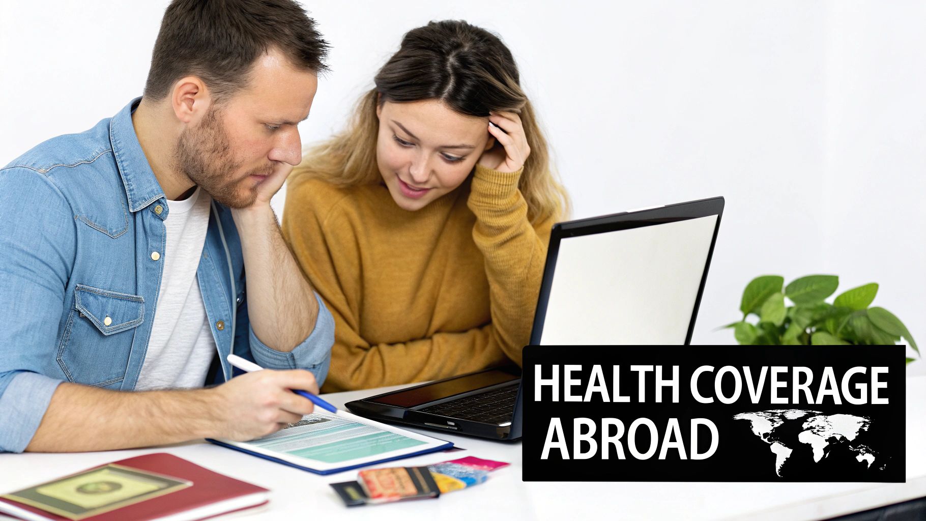 A couple reviewing health coverage documents and a laptop, with a 'HEALTH COVERAGE ABROAD' sign.