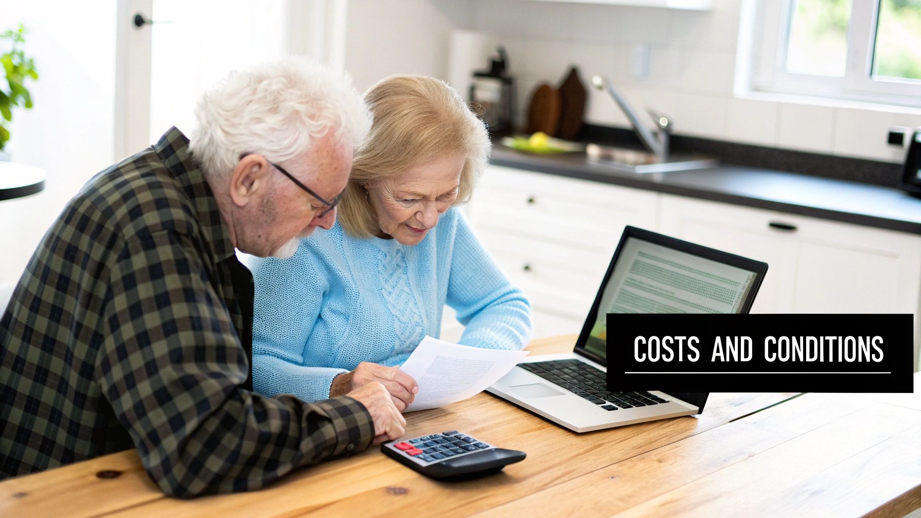 Senior couple reviewing costs and conditions with a calculator and laptop at a kitchen table.