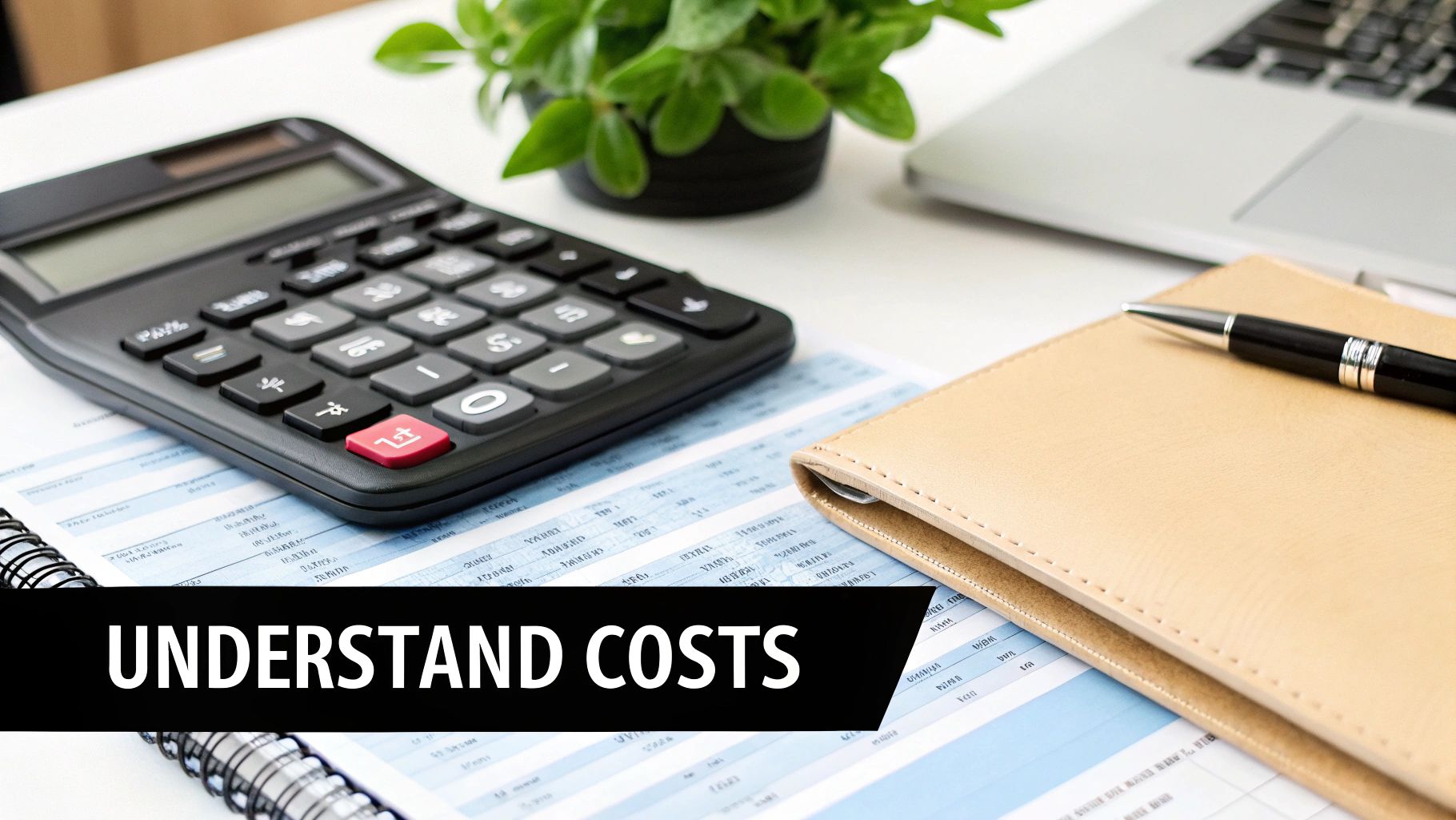 A desk with a calculator, financial documents, a pen, and laptop, with text 'UNDERSTAND COSTS'.