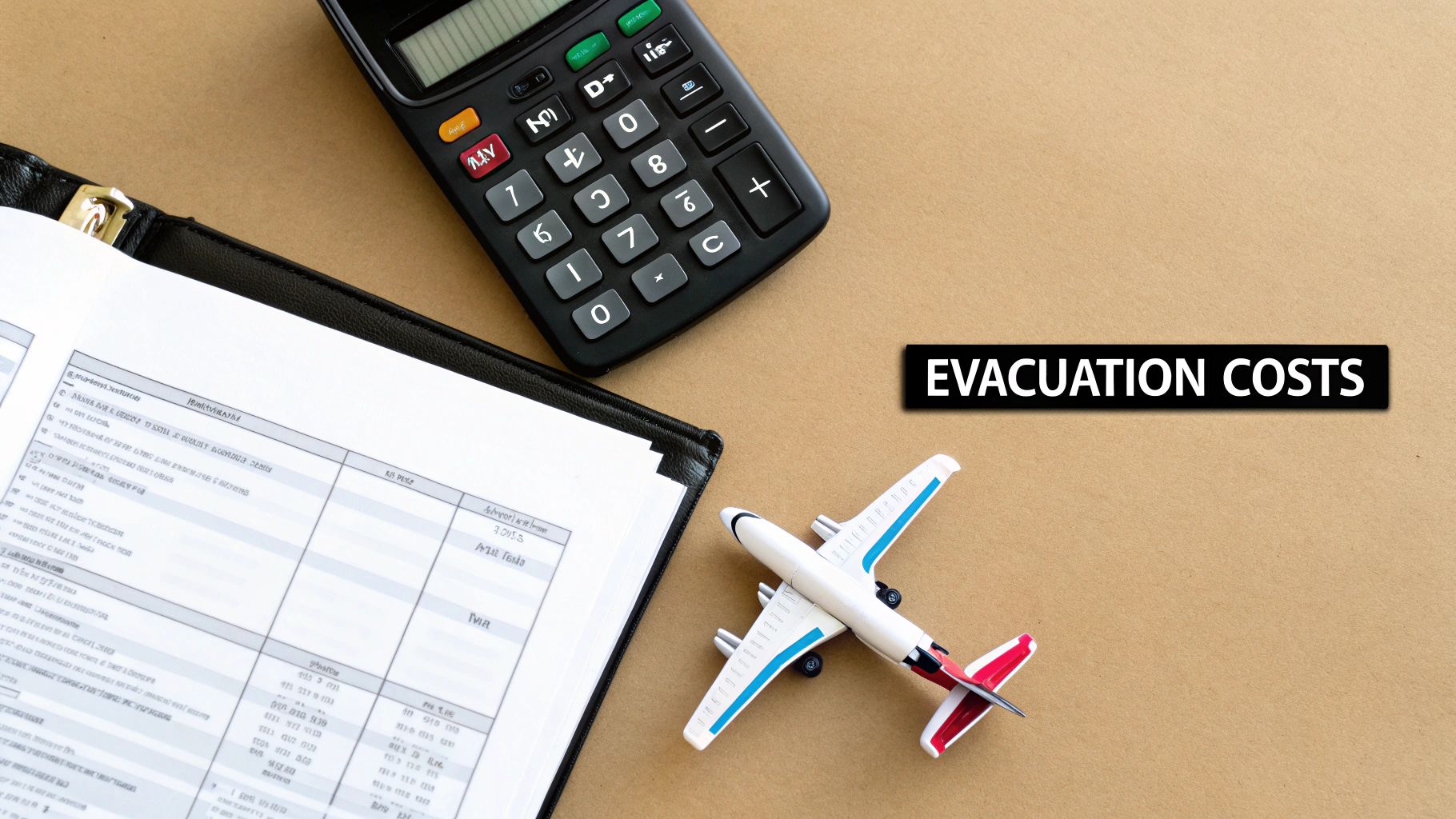 A flat lay showing a calculator, open notebook, toy airplane, and 'EVACUATION COSTS' text.