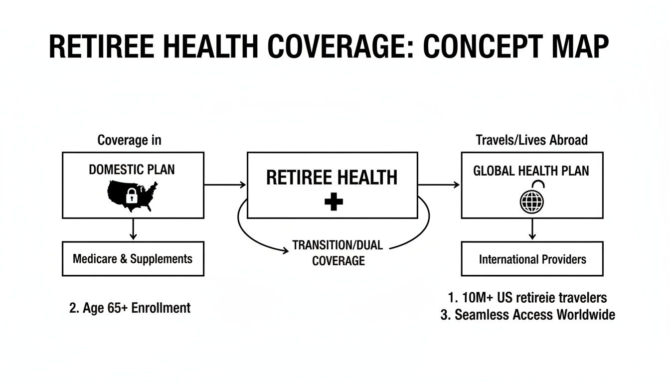 Concept map illustrating retiree health coverage options, including domestic, global, Medicare, and international providers.