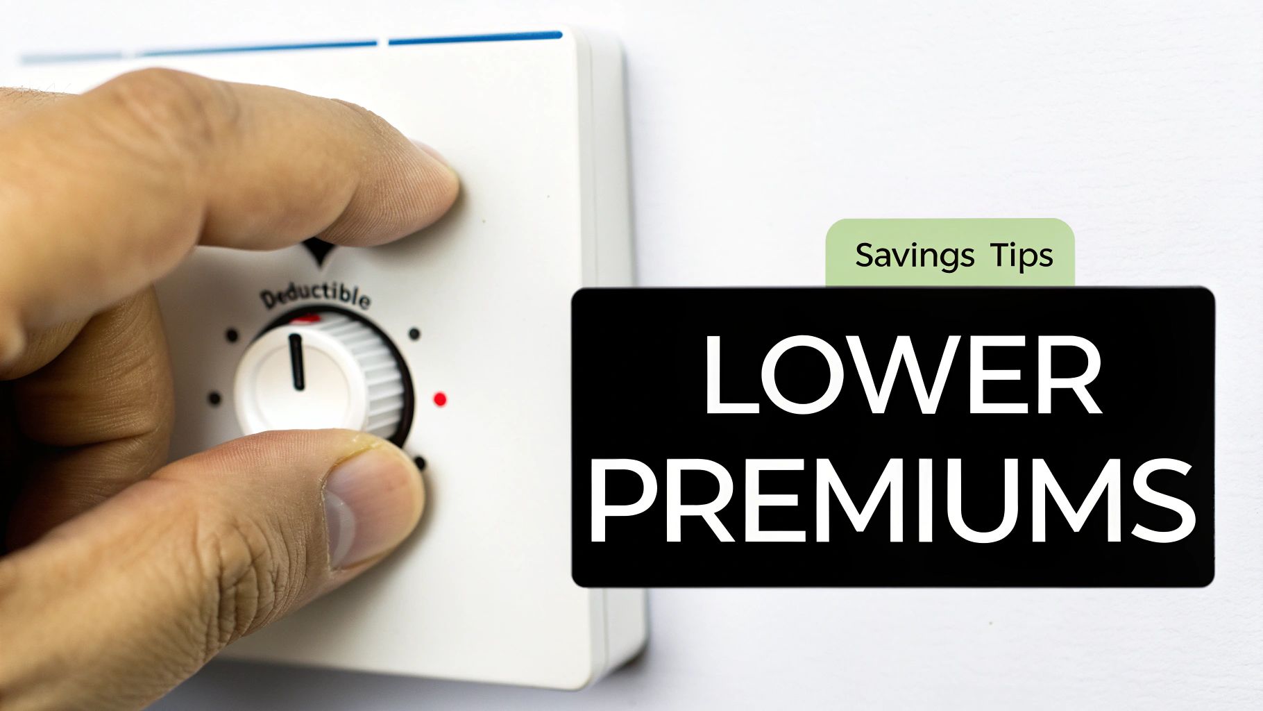 A hand adjusts a 'Deductible' dial, next to a card reading 'Lower Premiums' and a 'Savings Tips' tab.