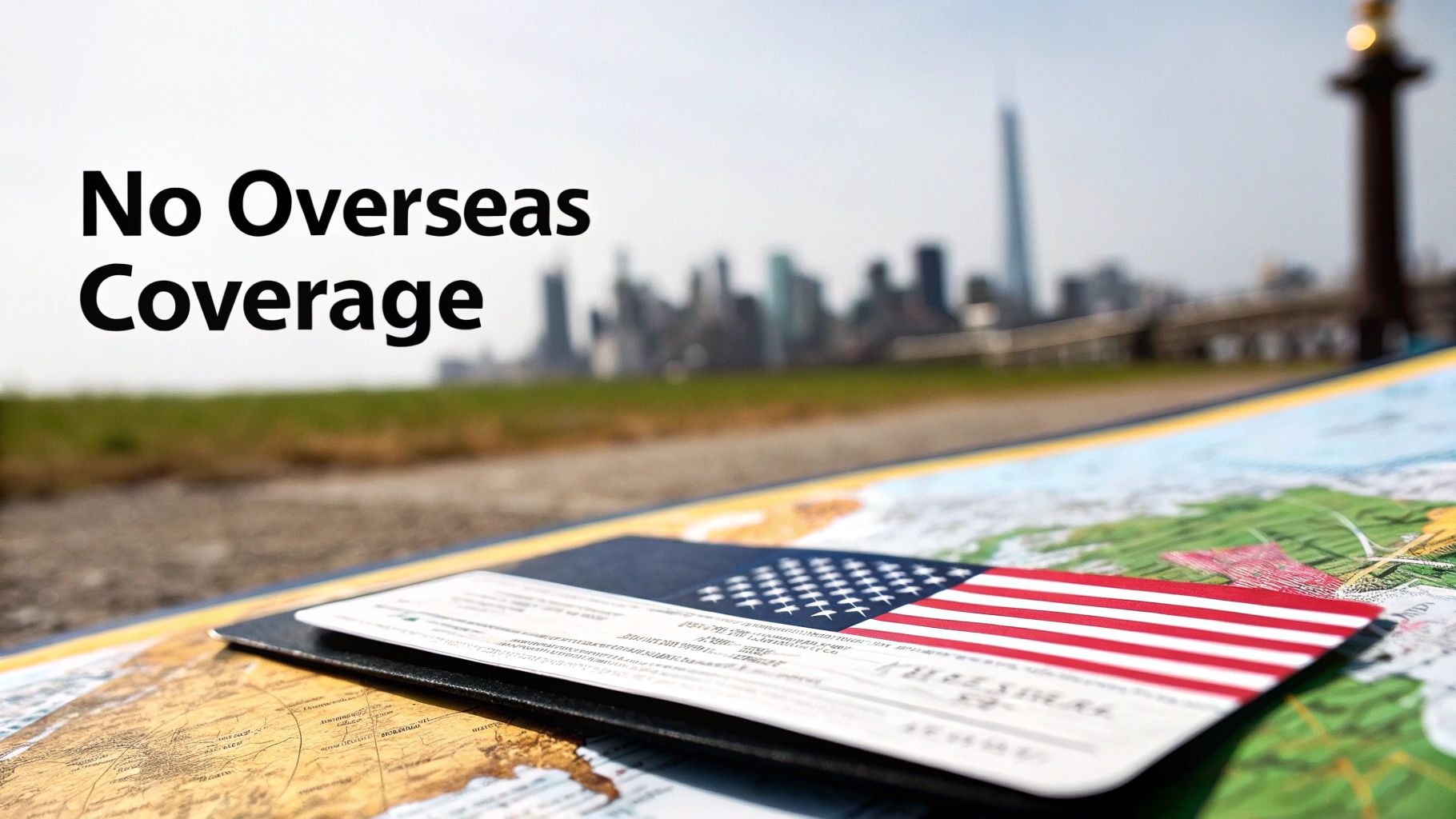 An American passport lies on a world map with a city skyline and text 'No Overseas Coverage'.