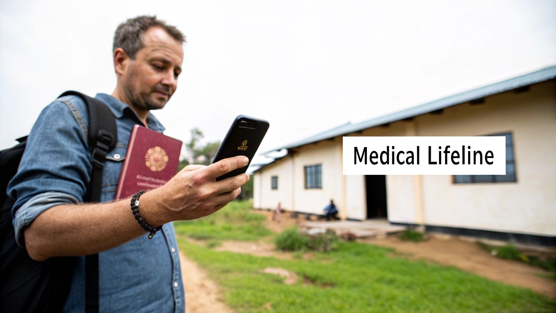A man in a denim shirt holds a passport and a smartphone with "Medical Lifeline" text visible.
