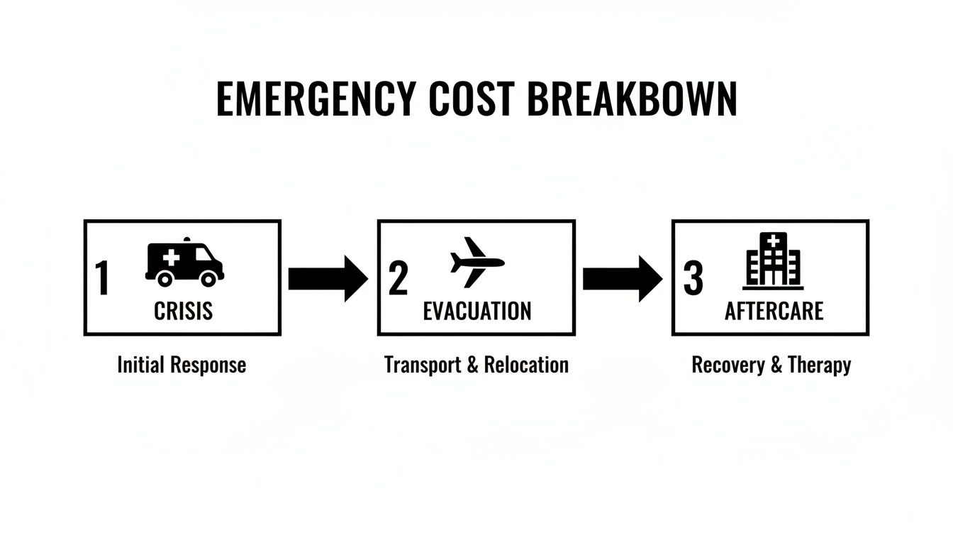 Flowchart illustrating emergency cost breakdown in three stages: Crisis, Evacuation, and Aftercare.