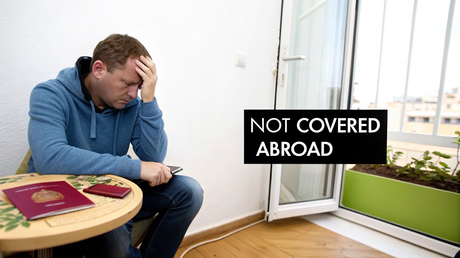 A man sits distressed with passports, a phone, and text 'NOT COVERED ABROAD', signifying travel insurance issues.