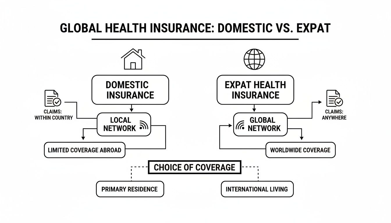 Infographic comparing domestic and expat health insurance coverage, networks, and claims for international living.