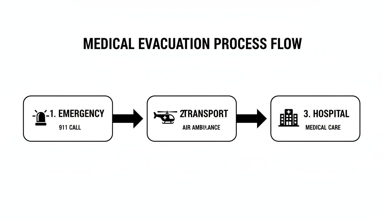 Flowchart illustrating the medical evacuation process from emergency call to air transport and hospital care.