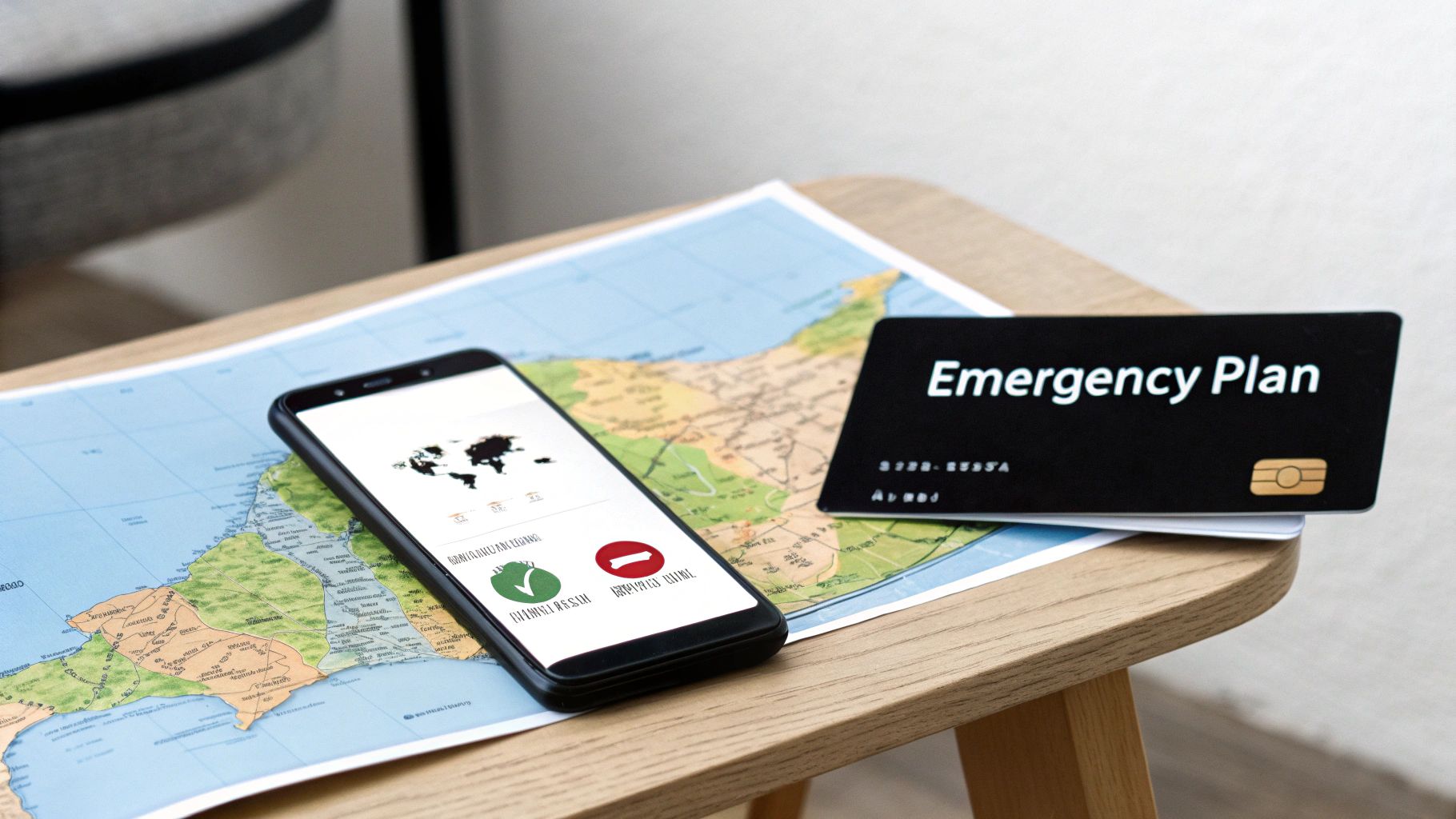 A smartphone displaying a world map and emergency options on a physical map, next to an 'Emergency Plan' card.