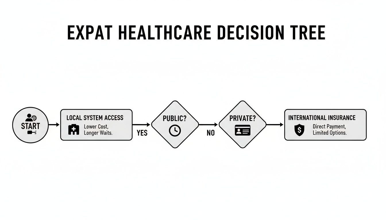 A flowchart titled 'Expat Healthcare Decision Tree' illustrates choices for expat healthcare.