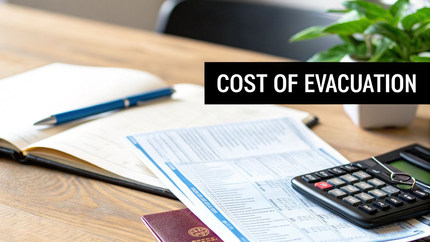A desk with an open notebook, pen, calculator, and financial documents, emphasizing the 'COST OF EVACUATION'.