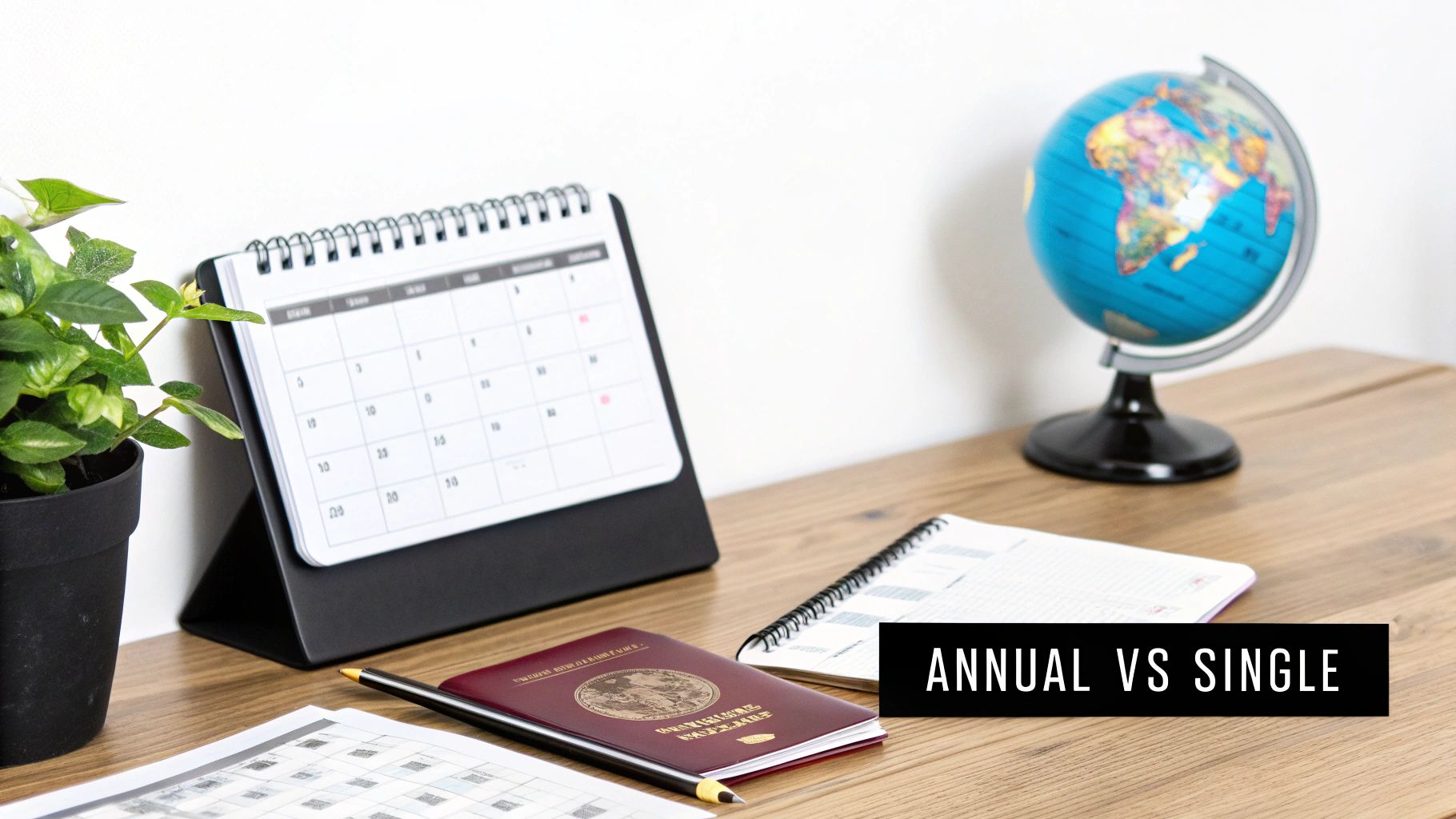 A desk with a calendar, a globe, a passport, and a notebook, suggesting travel planning.