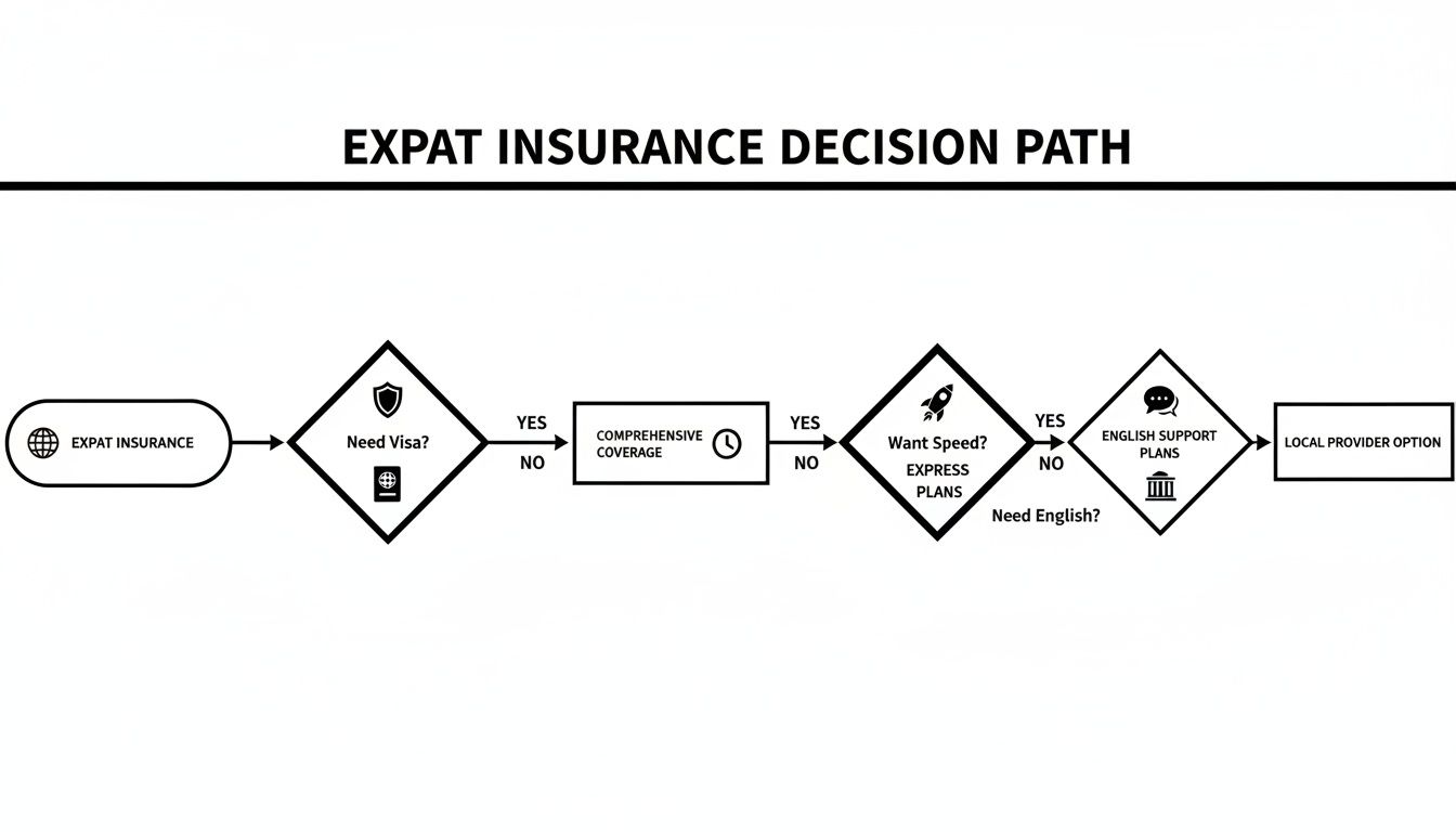 Expat insurance decision path flowchart, detailing choices based on visa, coverage, speed, and English support.