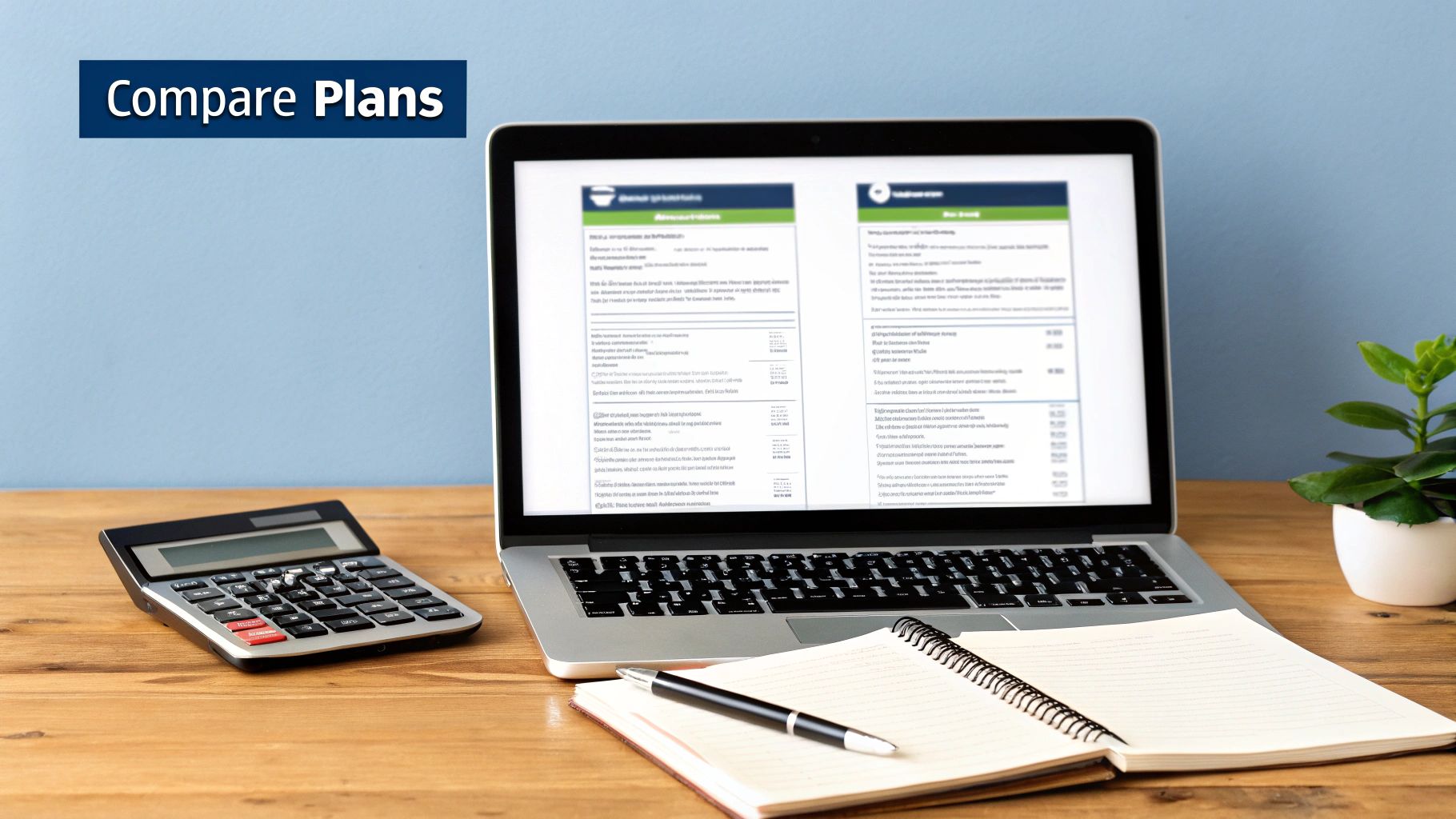 A laptop on a wooden desk displays a comparison of plans, with a calculator, notebook, and pen.