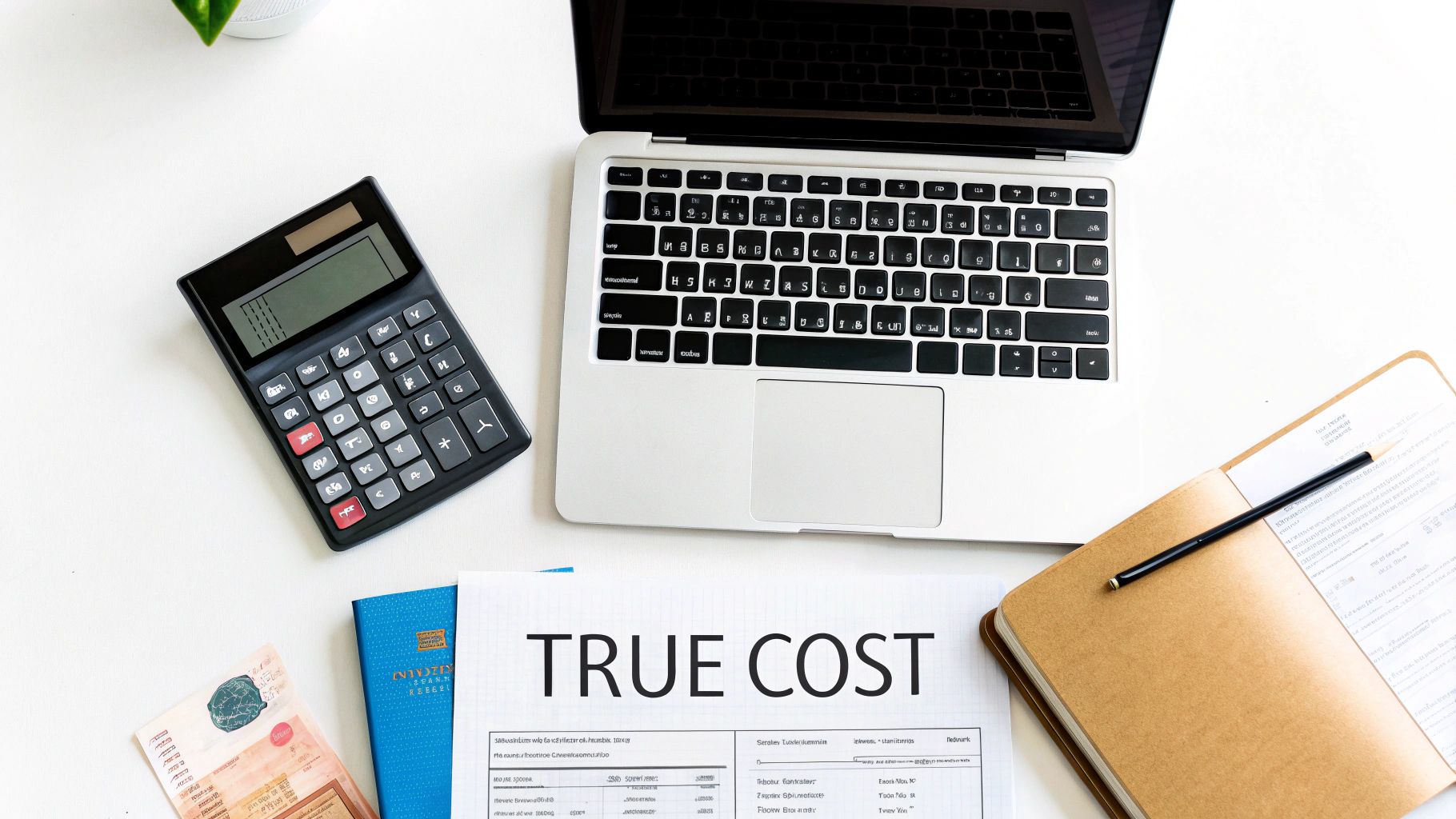 A flat lay of a white desk with a calculator, laptop, "TRUE COST" document, and financial items.