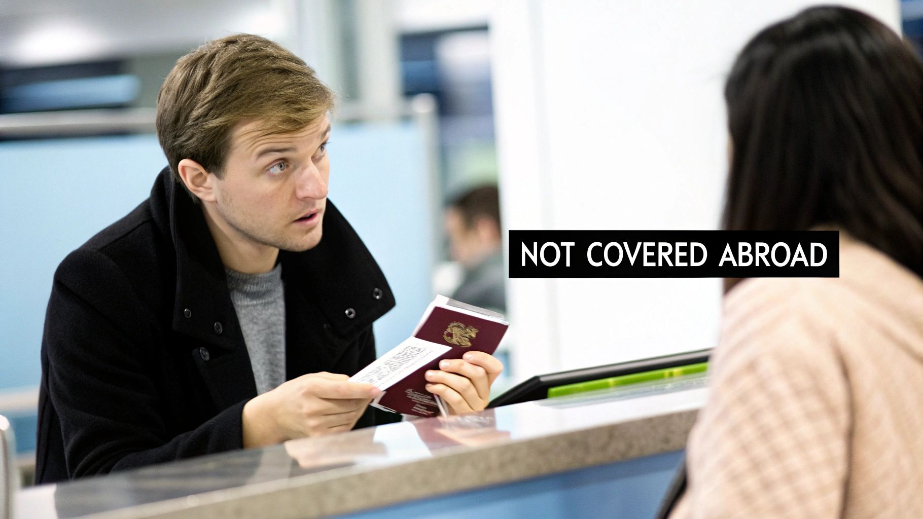 A man at an airport counter holding a passport looks concerned, with 'NOT COVERED ABROAD' text.