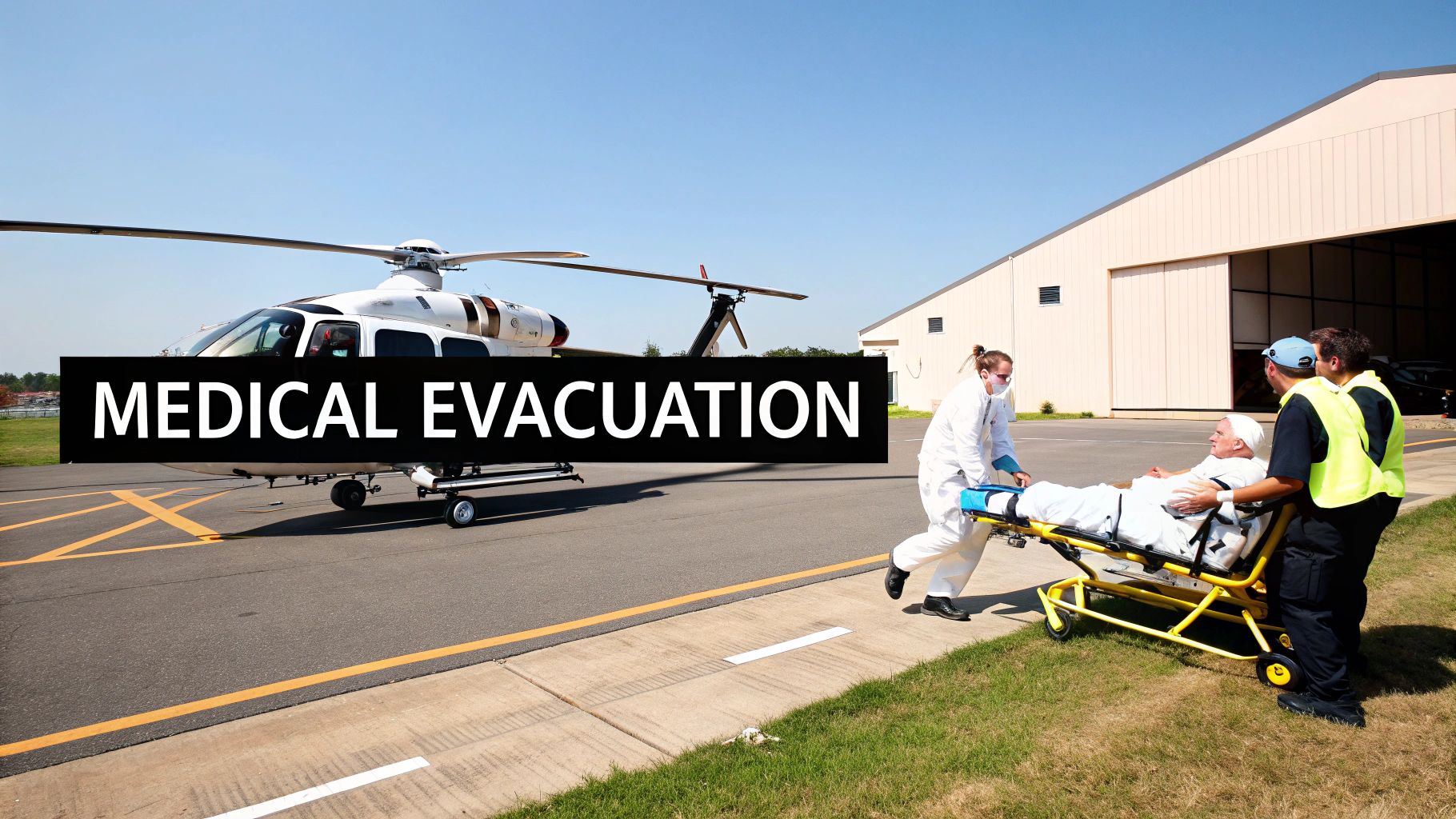 Medical evacuation in progress with a patient on a stretcher being moved towards a helicopter.