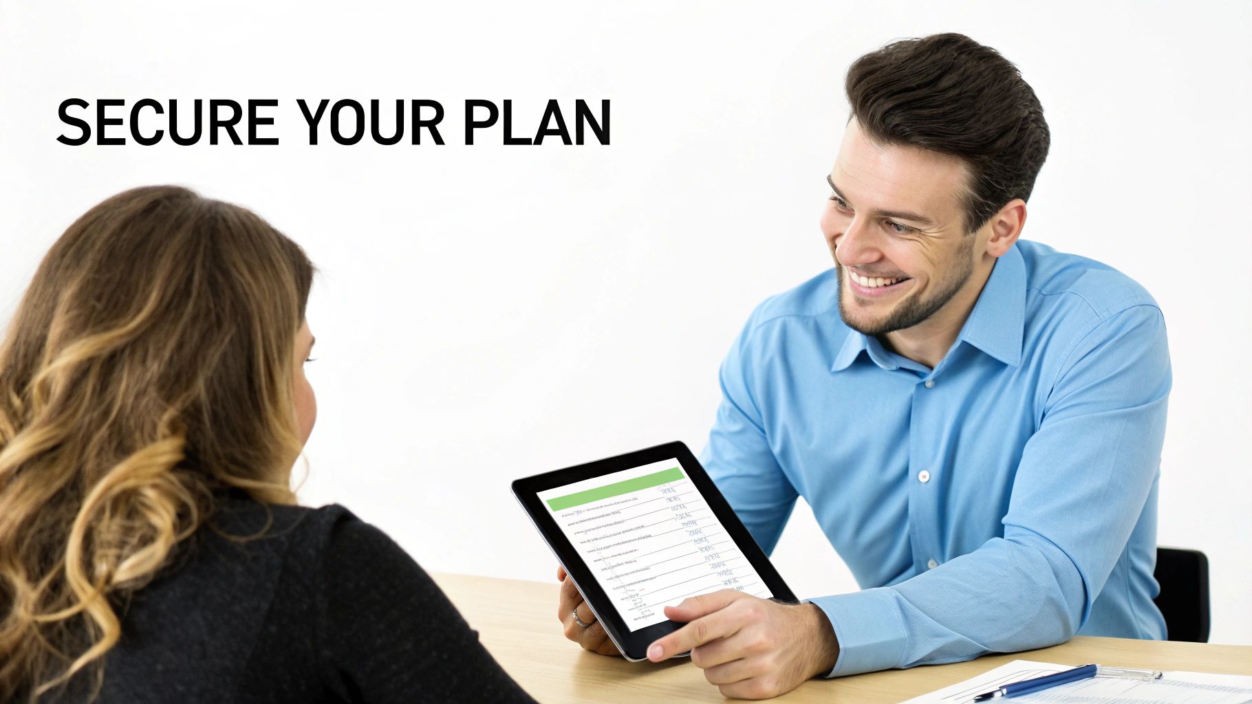 Smiling man showing a financial plan on a tablet to a woman, emphasizing 'Secure Your Plan'.