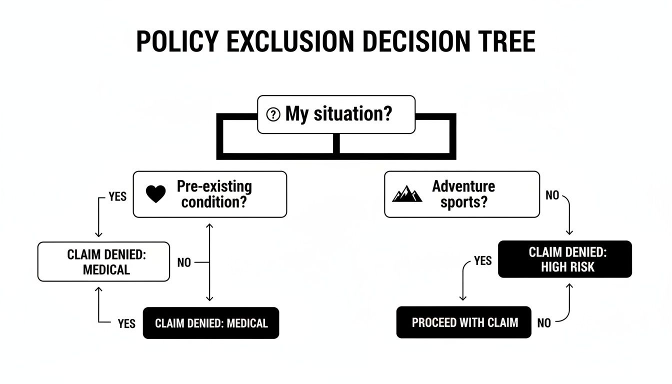 A policy exclusion decision tree flowchart showing claim denial for medical reasons or high-risk activities.