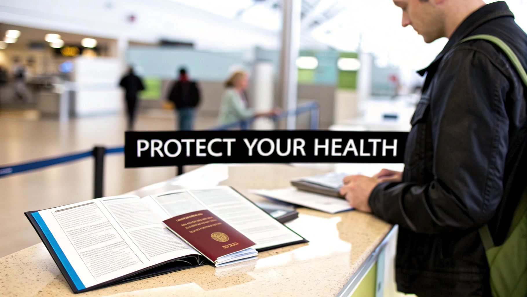 A person with a passport and documents at an airport counter, with a 'PROTECT YOUR HEALTH' sign.