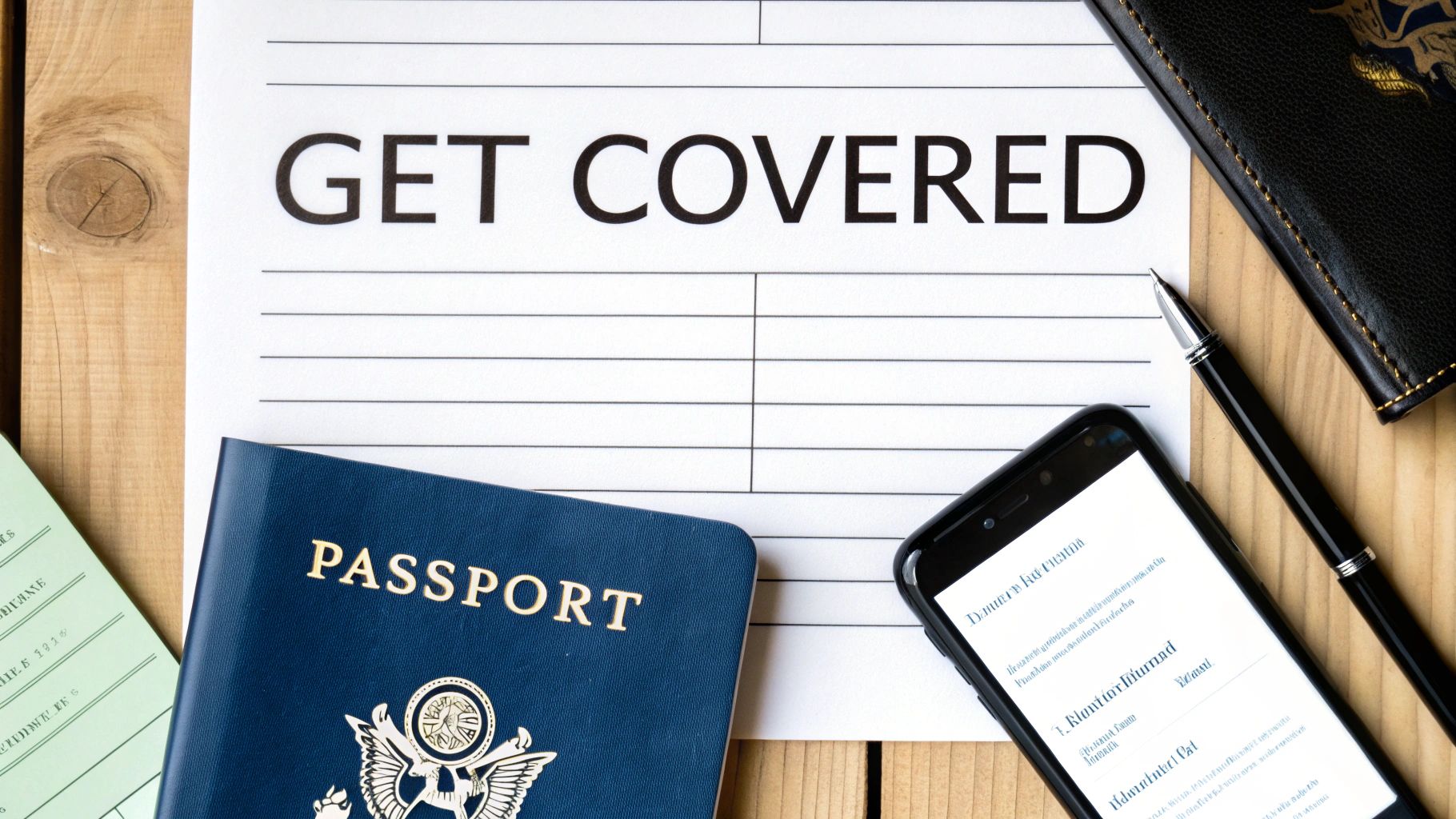 Document 'GET COVERED' with passport, smartphone, and pen on a wooden desk.