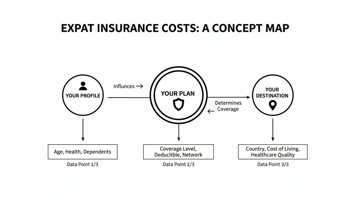 A concept map detailing factors influencing expat insurance costs, including profile, plan, and destination data points.