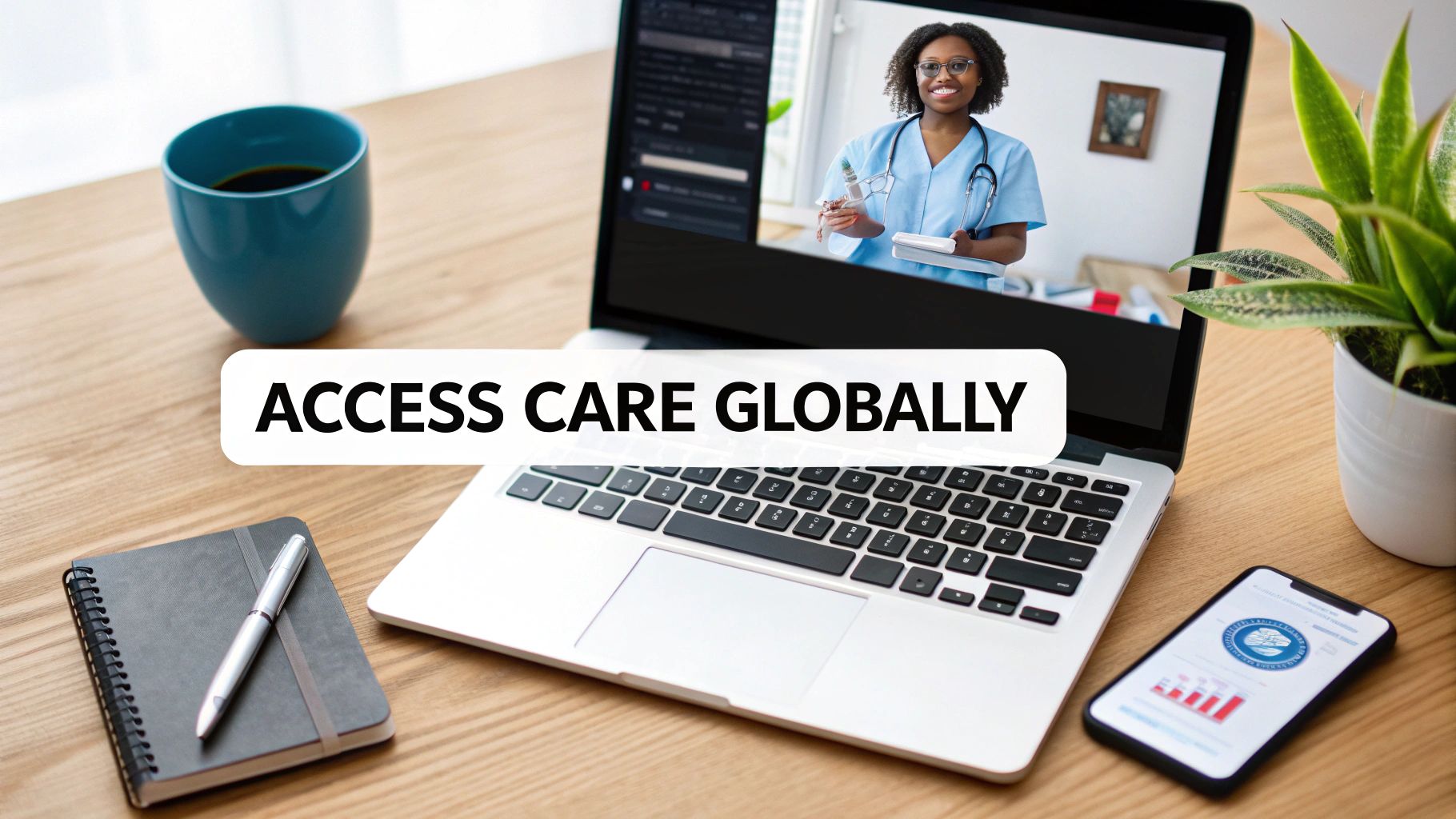 A desk with a laptop showing a doctor on a video call, with text 'ACCESS CARE GLOBALLY'.