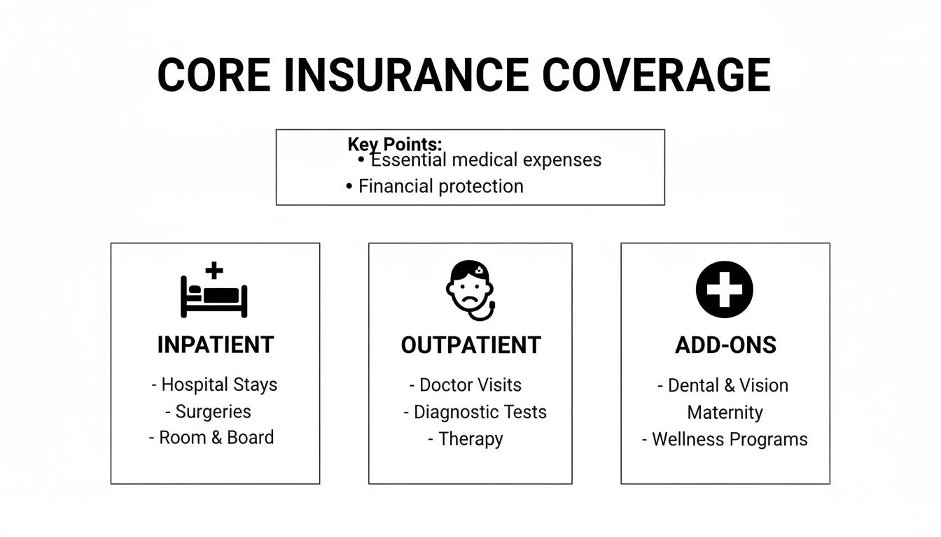 Diagram illustrating core insurance coverage categories: inpatient, outpatient, and add-ons, with key points.