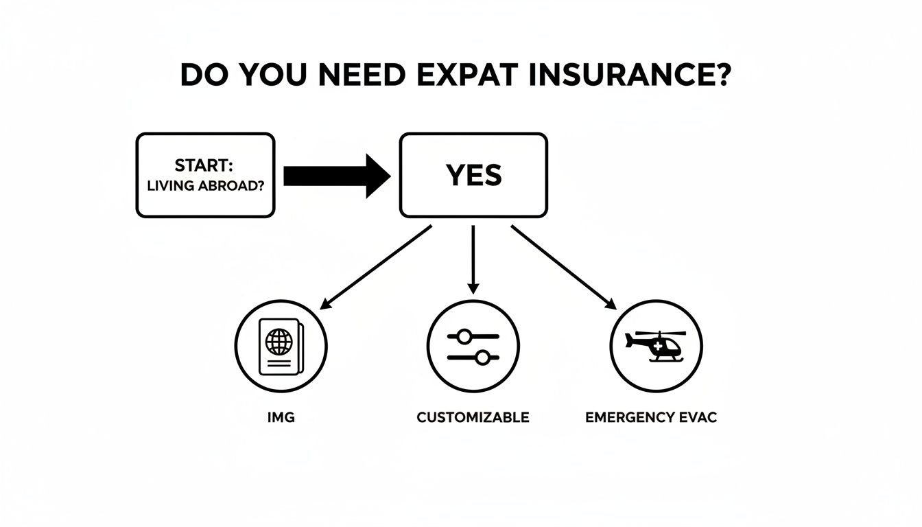 Flowchart detailing the need for expat insurance, offering IMG, customizable, and emergency evac options.
