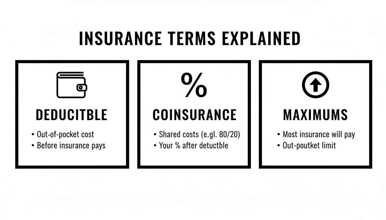 Infographic explaining common insurance terms: deductible, coinsurance, and maximums, with key definitions.
