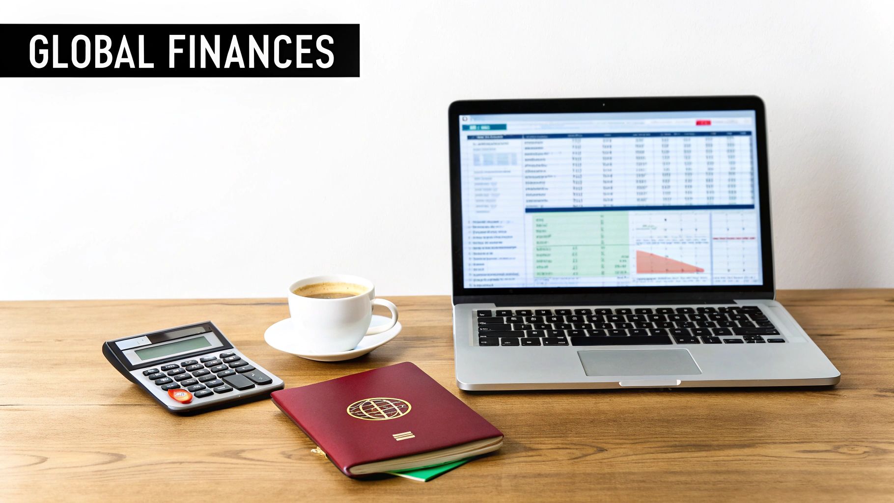 A desk setup with a laptop displaying financial charts, a calculator, coffee, and a passport for global finances.