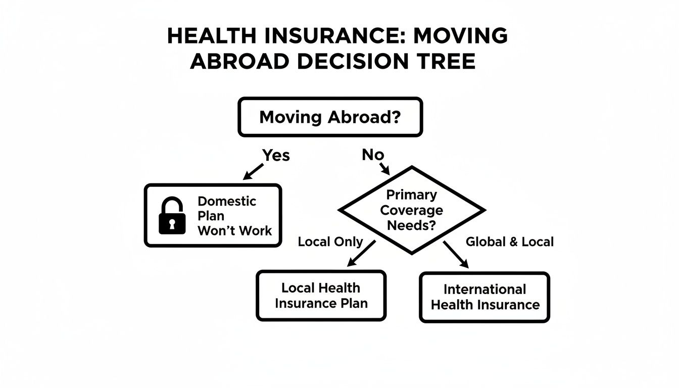 A decision tree flowchart outlining health insurance options for moving abroad, showing different paths.